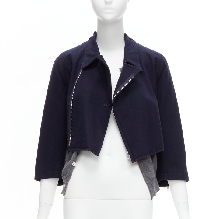 COMME DES GARCONS wool navy grey deconstructed hybrid biker cropped cardigan S
