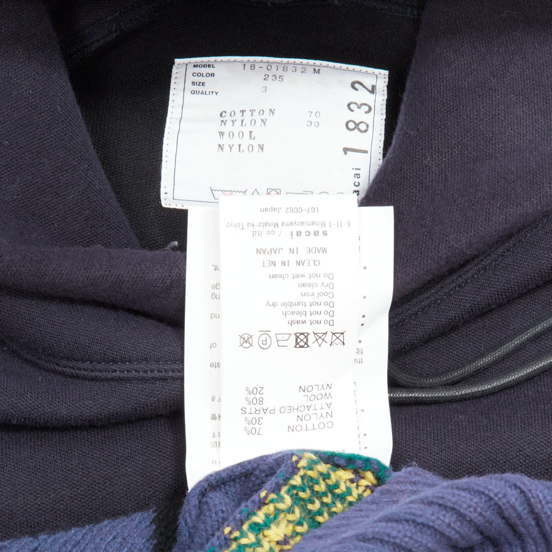 SACAI 2018 navy cotton blend fairisle knit sweater hyrid hoodie JP3 L