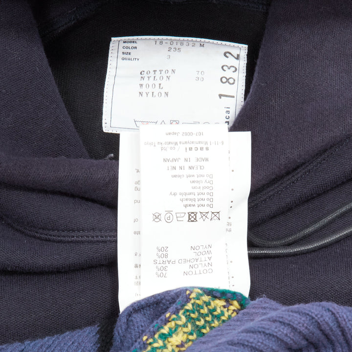 SACAI 2018 navy cotton blend fairisle knit sweater hyrid hoodie JP3 L