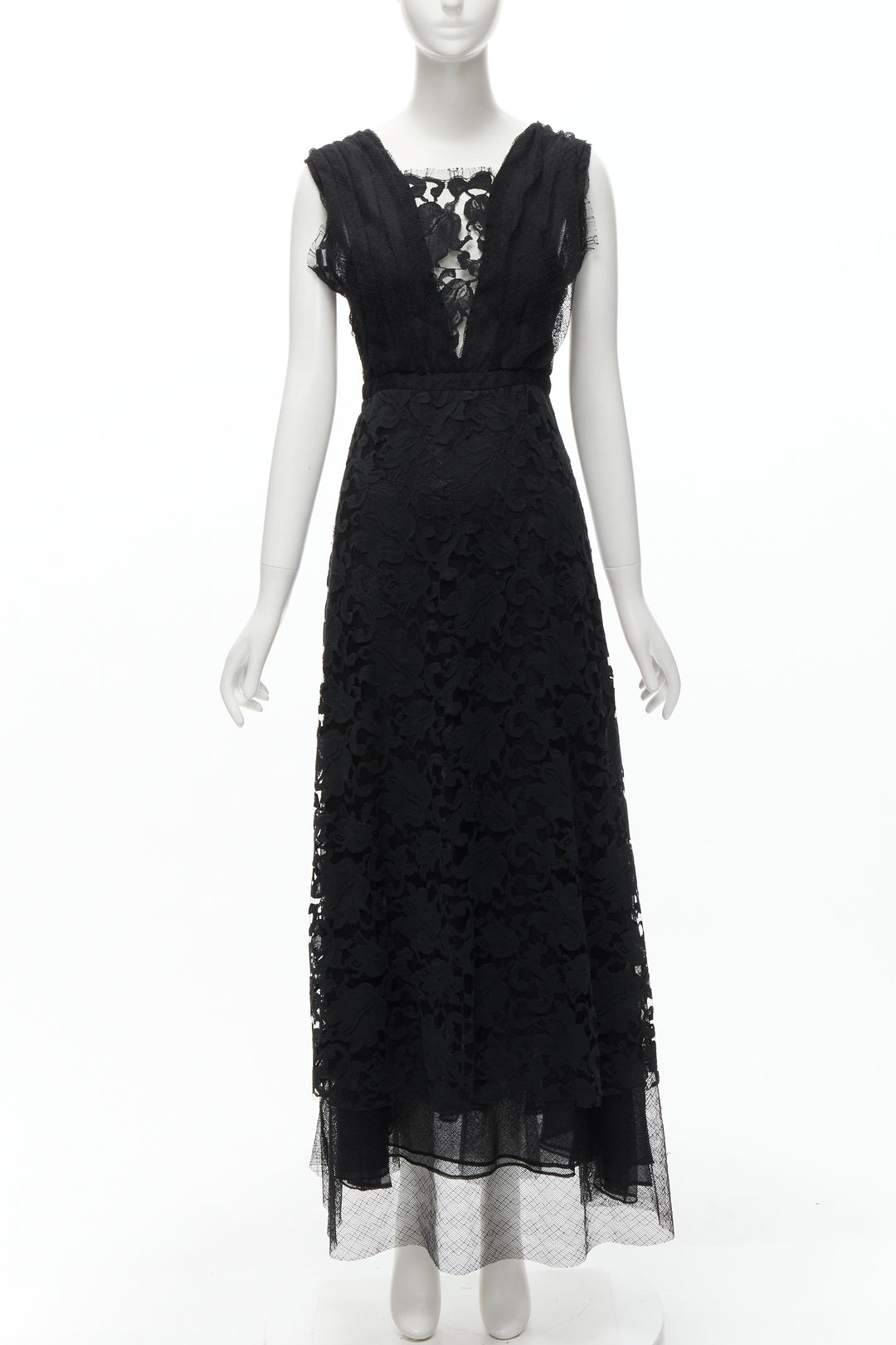 ADAM LIPPES black plunge illusion lace neckline empire waist layered gown US6 M