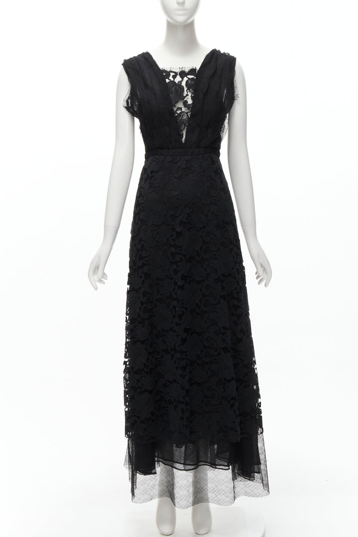 ADAM LIPPES black plunge illusion lace neckline empire waist layered gown US6 M