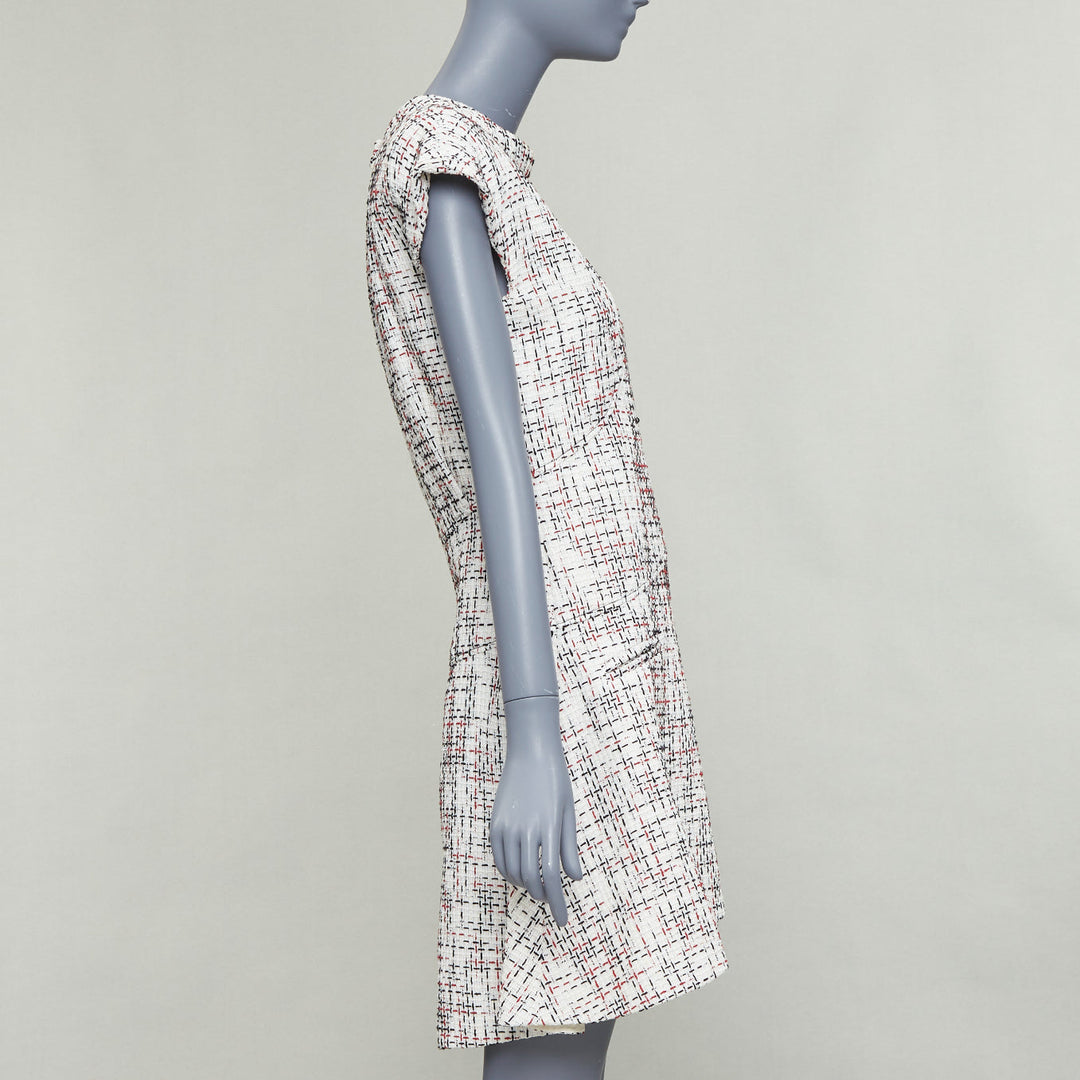 CHANEL 2015 cream red black cotton lattice tweed cap sleeve dress FR34 XS