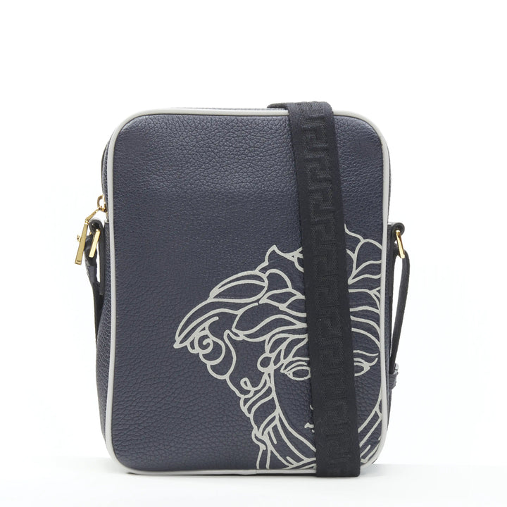 VERSACE Pop Medusa navy grey calf leather Greca crossbody messenger bag