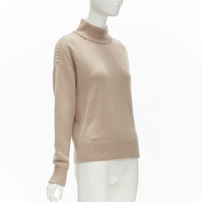 THEORY 100% cashmere light brown whipstitch detail dropped shoulder turtleneck S
