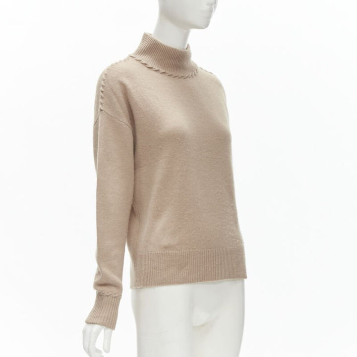 THEORY 100% cashmere light brown whipstitch detail dropped shoulder turtleneck S
