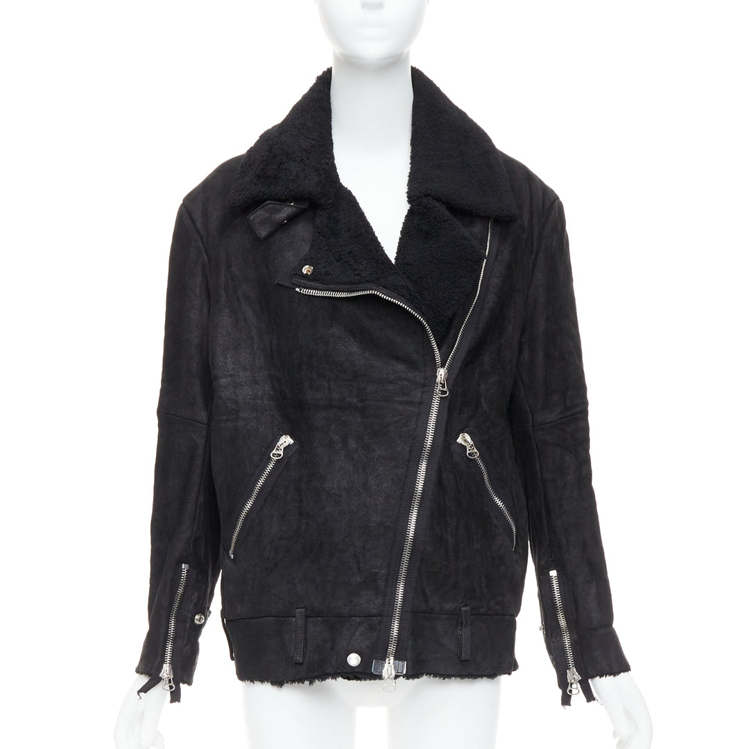 ACNE STUDIOS 2011 Velocite black shearling silver zip oversized biker FR34 XS