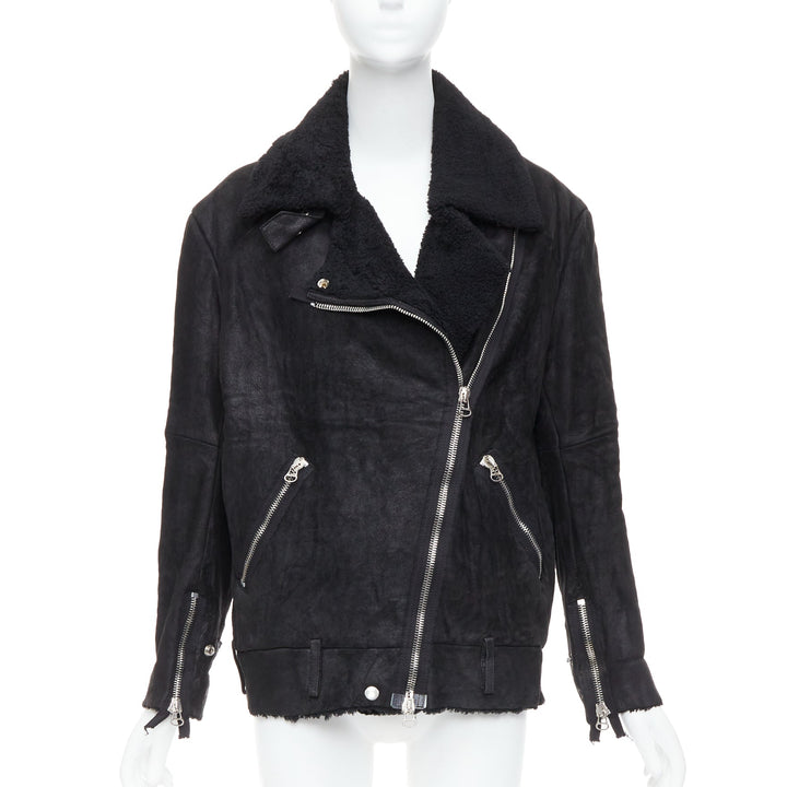 ACNE STUDIOS 2011 Velocite black shearling silver zip oversized biker FR34 XS