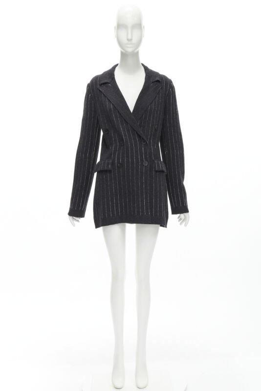 BARRIE 100% pure cashmere dark grey pinstriped double breasted blazer cardigan S