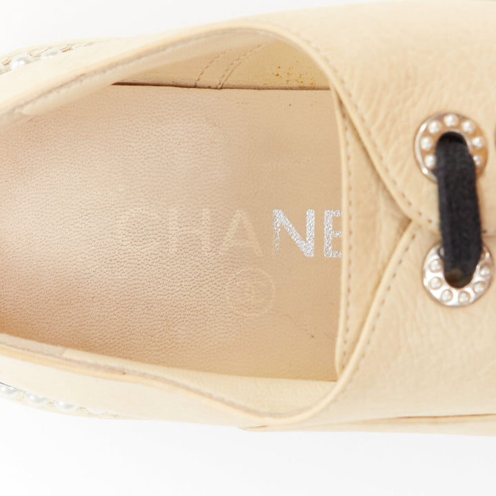 CHANEL beige black monochrome leather faux pearl lace up derbies EU35.5