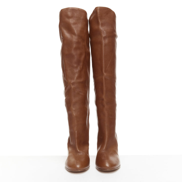 PRADA brown leather high low top almond toe block heel tall boots EU38