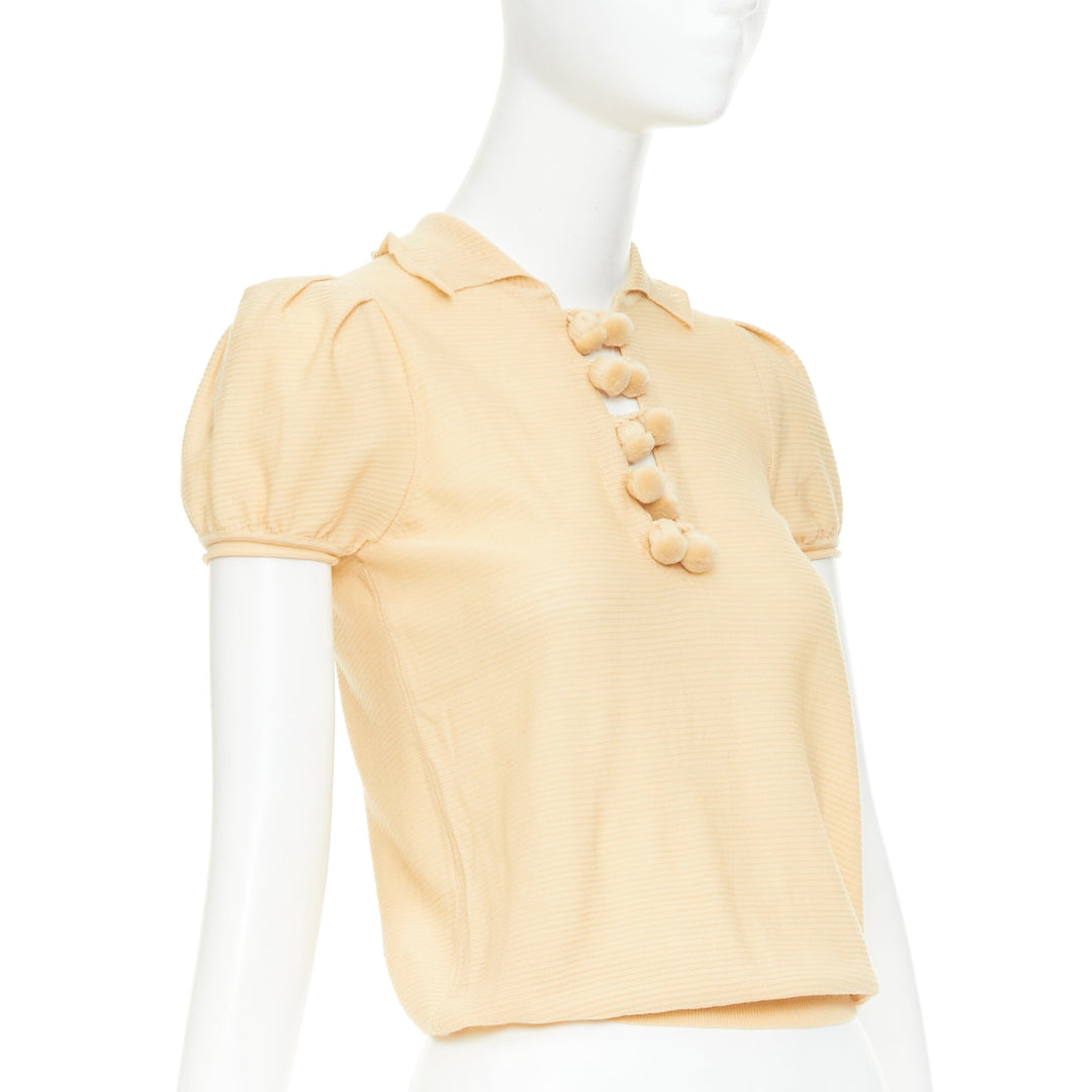 YVES SAINT LAURENT Rive Gauche beige wool pom pom button puff sleeve blouse XS