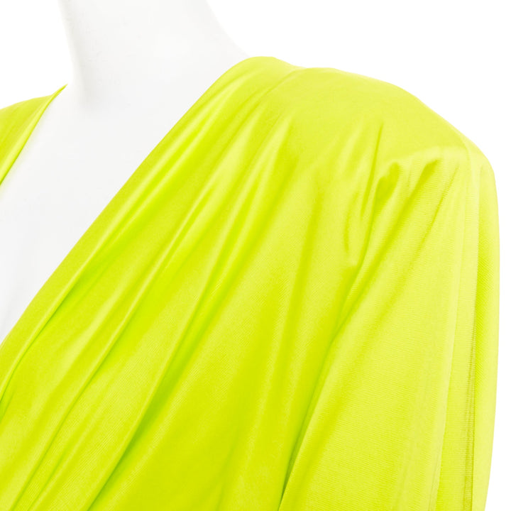 ALEXANDRE VAUTHIER neon yellow viscose Power shoulder plunge drape dress