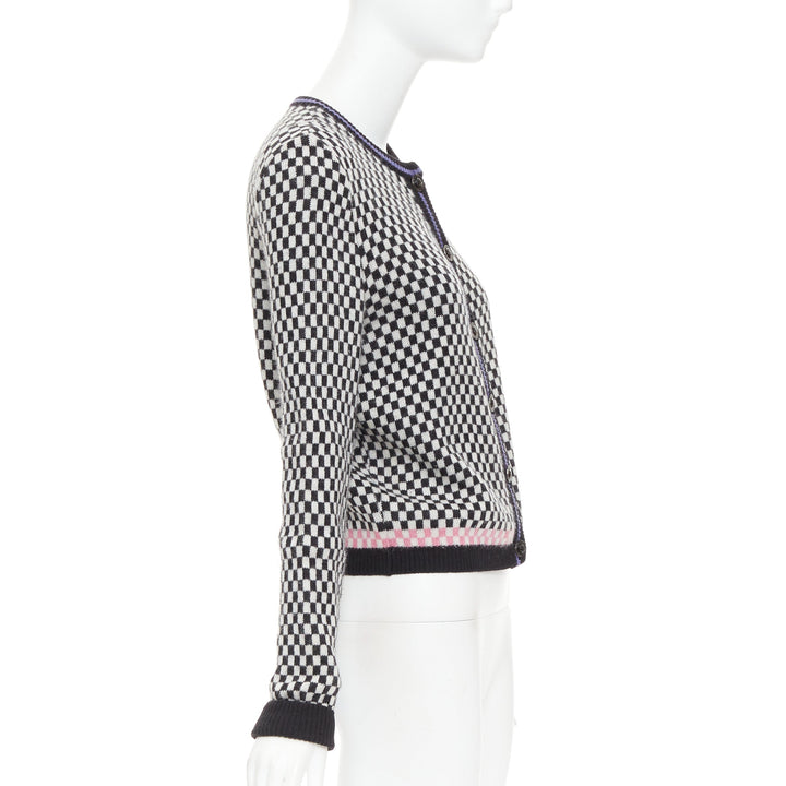 GIANNI VERSACE Vintage wooly checkered pink purple trim cardigan IT42 M