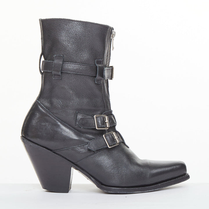 CELINE Phoebe Philo Berlin black leather triple buckle front zip biker boot EU36