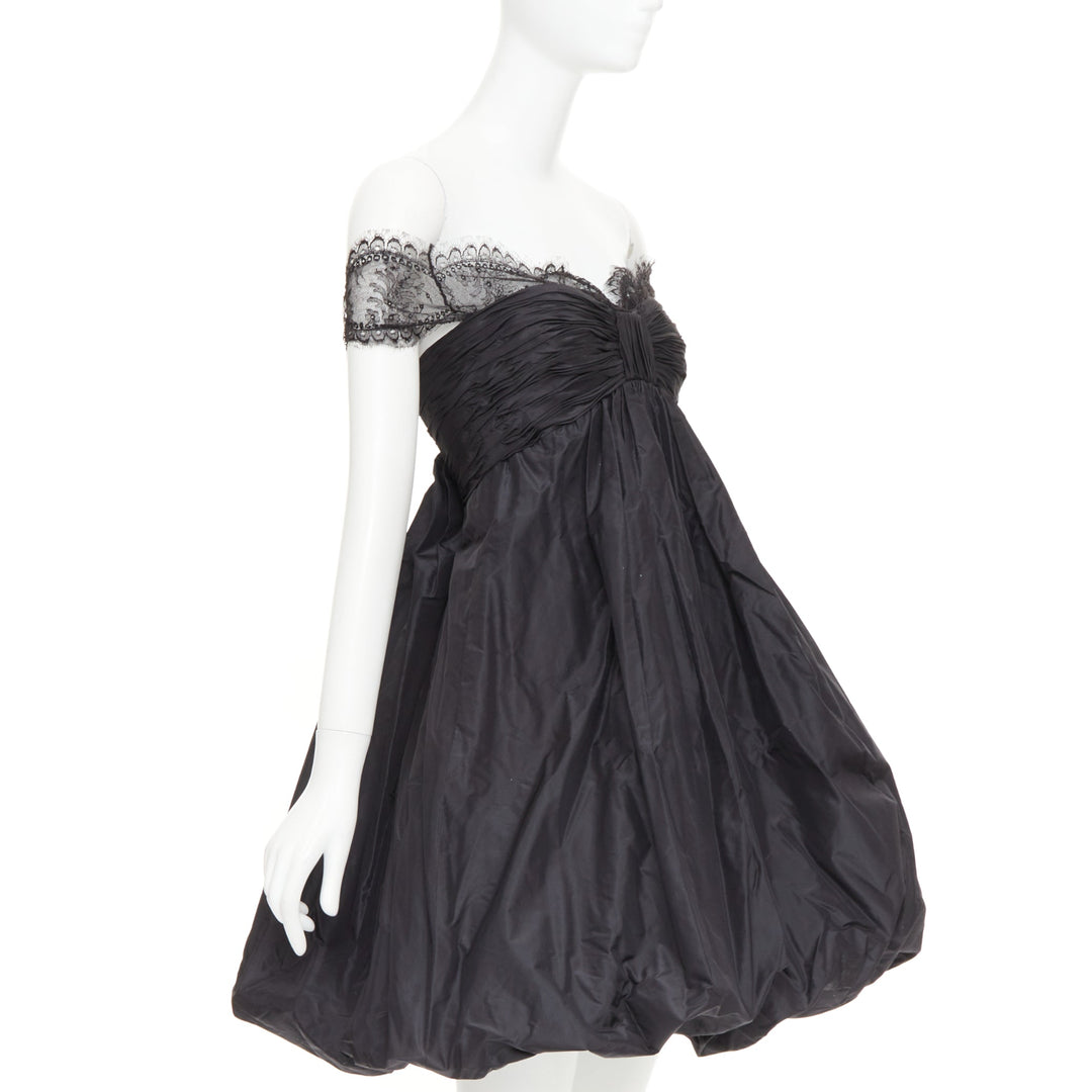 OSCAR DE LA RENTA Vintage black lace trim ruched bow cocktail bubble dress US2 S