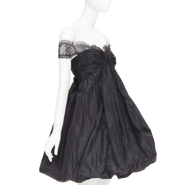 OSCAR DE LA RENTA Vintage black lace trim ruched bow cocktail bubble dress US2 S