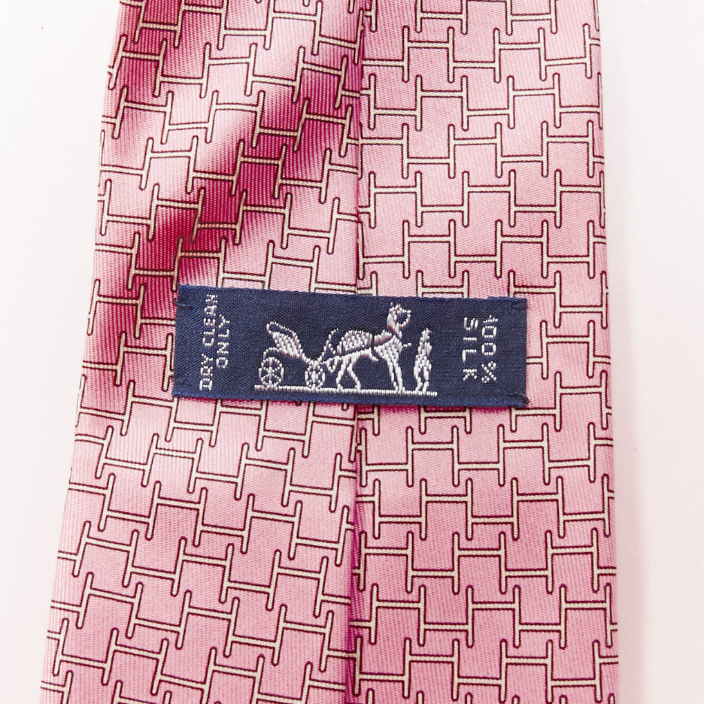 HERMES pink cream 100% silk H logo interlock monogram print formal tie