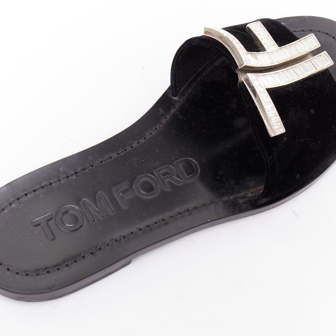 TOM FORD black velvet silver big crystal TF embellished flat sandals EU38