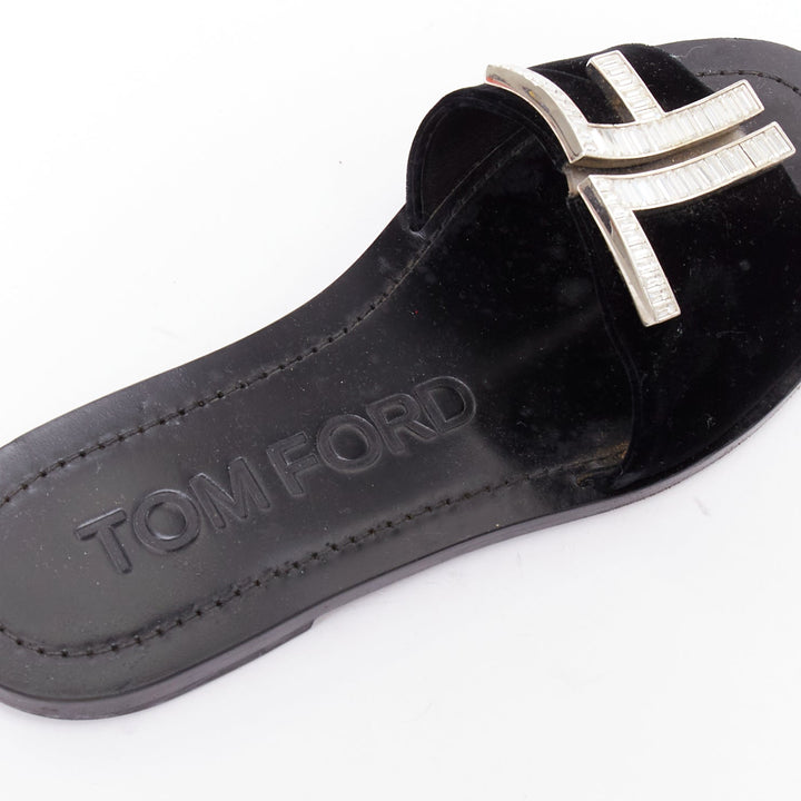TOM FORD black velvet silver big crystal TF embellished flat sandals EU38
