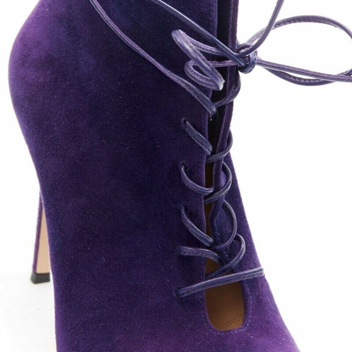 GIANVITO ROSSI purple suede lace up peep toe deep V vamp heel bootie EU36