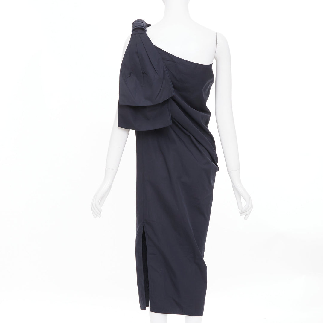 MAX MARA Sfilata black asymmetric draped cotton leather trim midi dress IT36 XXS