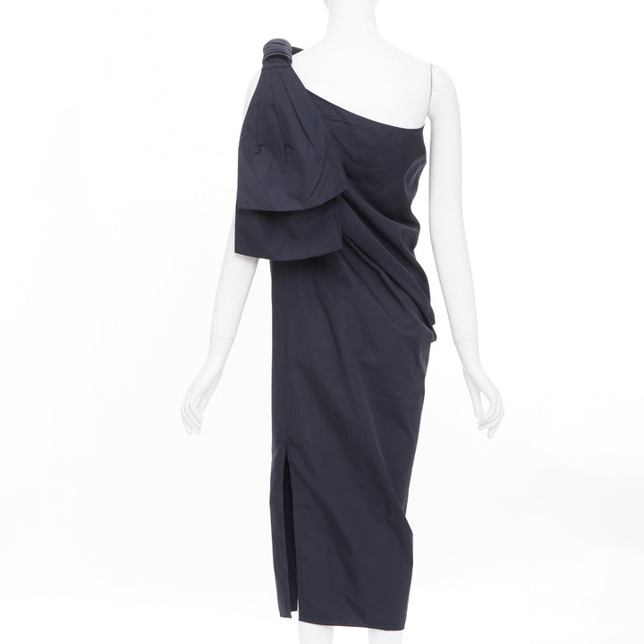 MAX MARA Sfilata black asymmetric draped cotton leather trim midi dress IT36 XXS