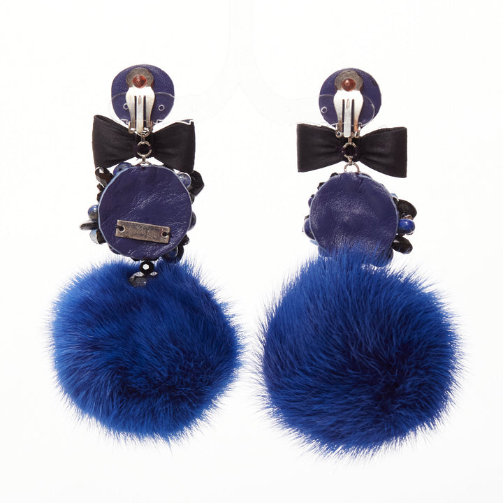 RANJANA KHAN blue black real fur crystal dangling clip on earrings