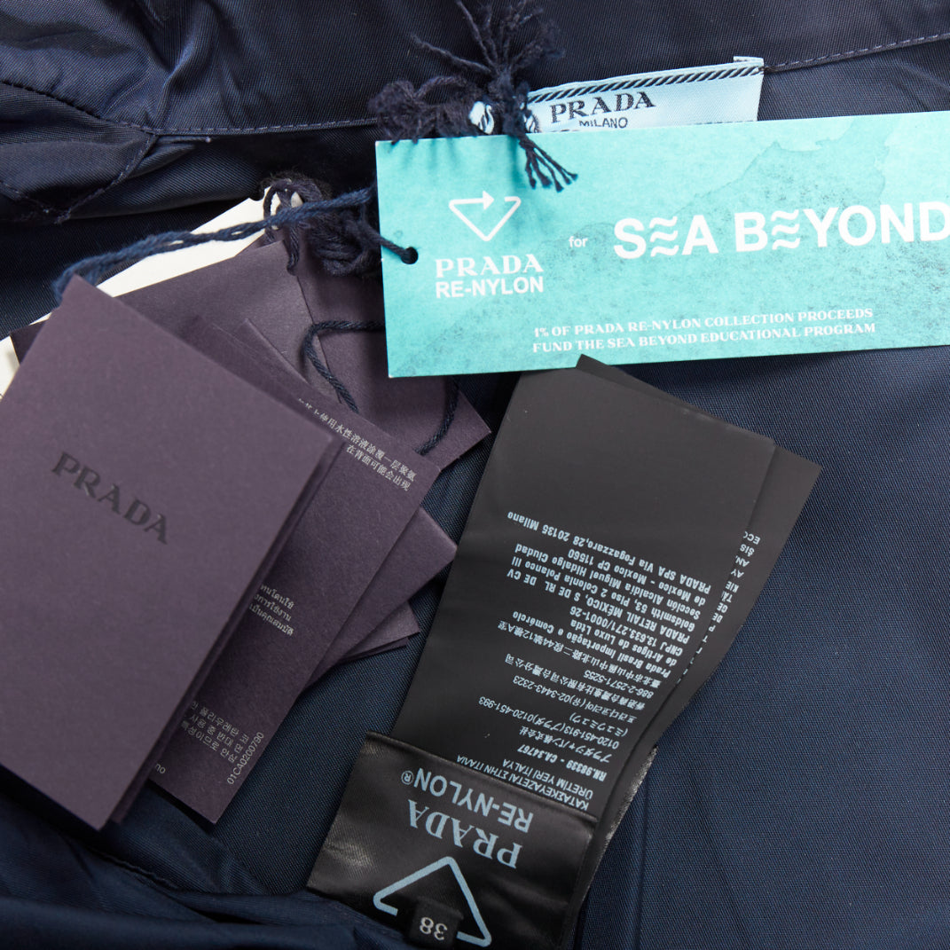 PRADA 2022 Re-Nylon navy blue white logo cropped boxy shirt IT38 XS