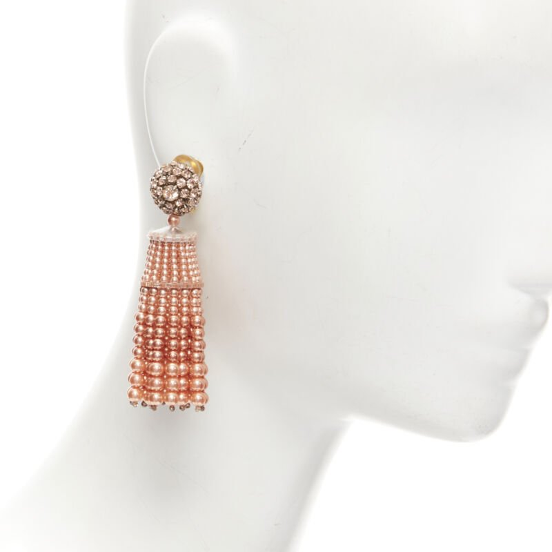 OSCAR DE LA RENTA orange crystal faux pearl tassel drop clip on earrings
