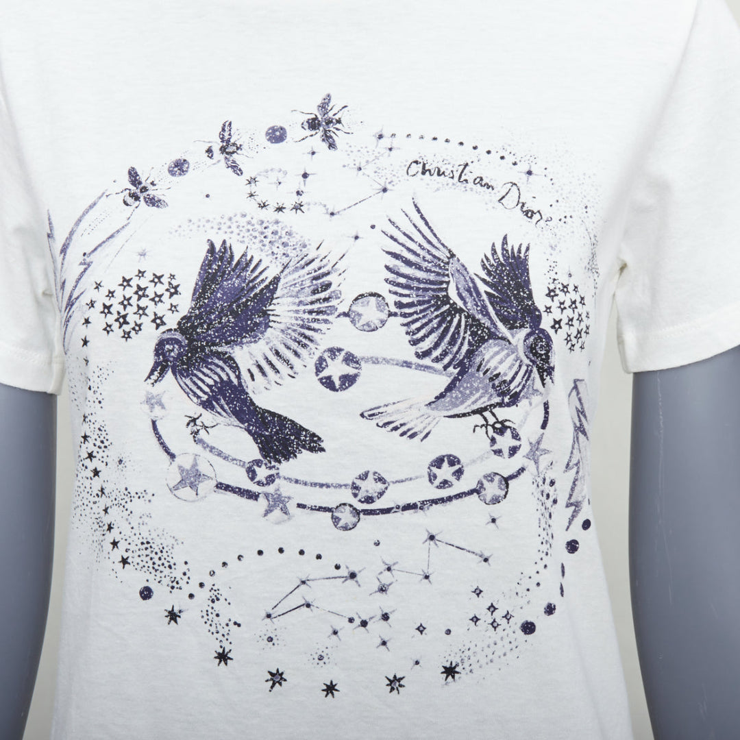 DIOR navy double bird astrology print white cotton linen short sleeve tshirt XS