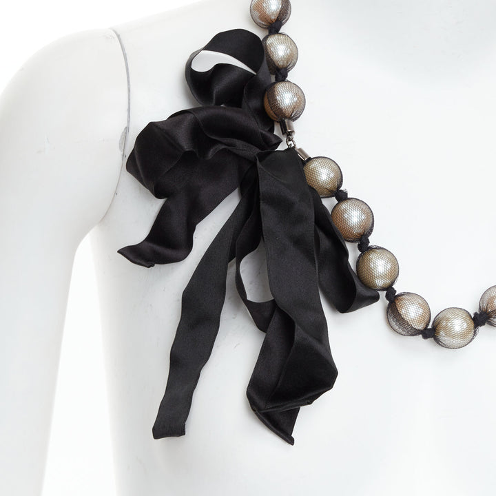 LANVIN black wrapped large faux pearl double ribbon tie princess necklace