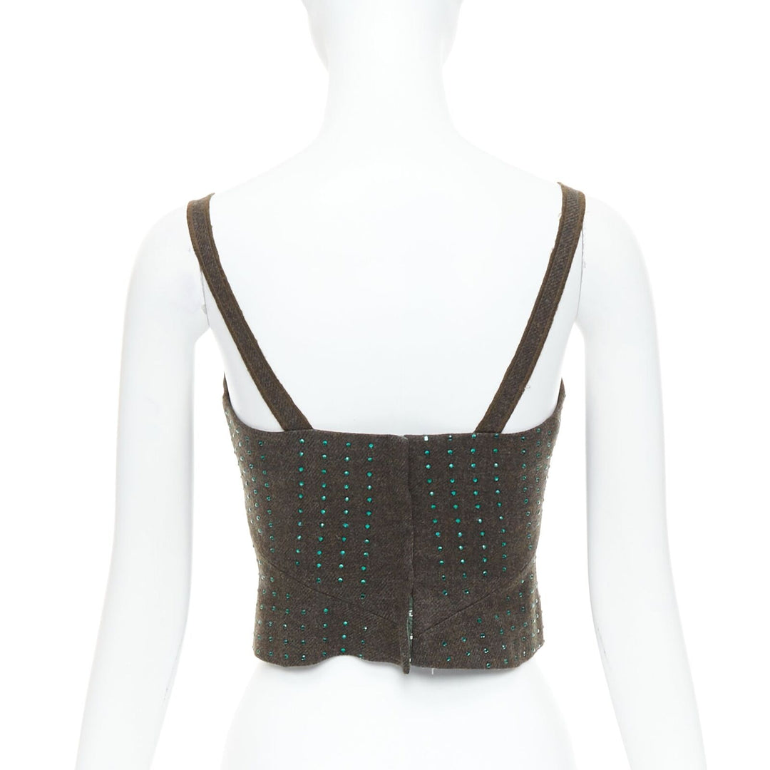 MIU MIU Vintage 1998 Runway fleece wool green crystal bustier top IT38 XS
