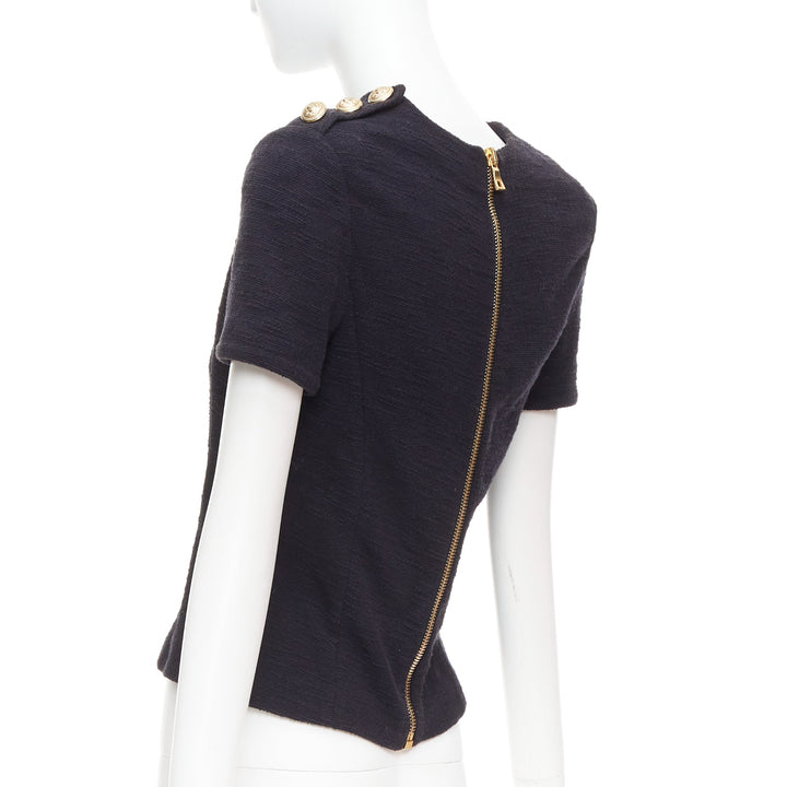 BALMAIN black cotton tweed gold Lionhead button zip back top FR38 M