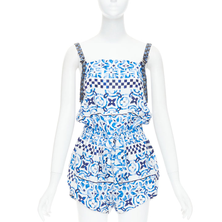LOUIS VUITTON Monogram Tile silk white blue majolica beaded playsuit FR34 XS
