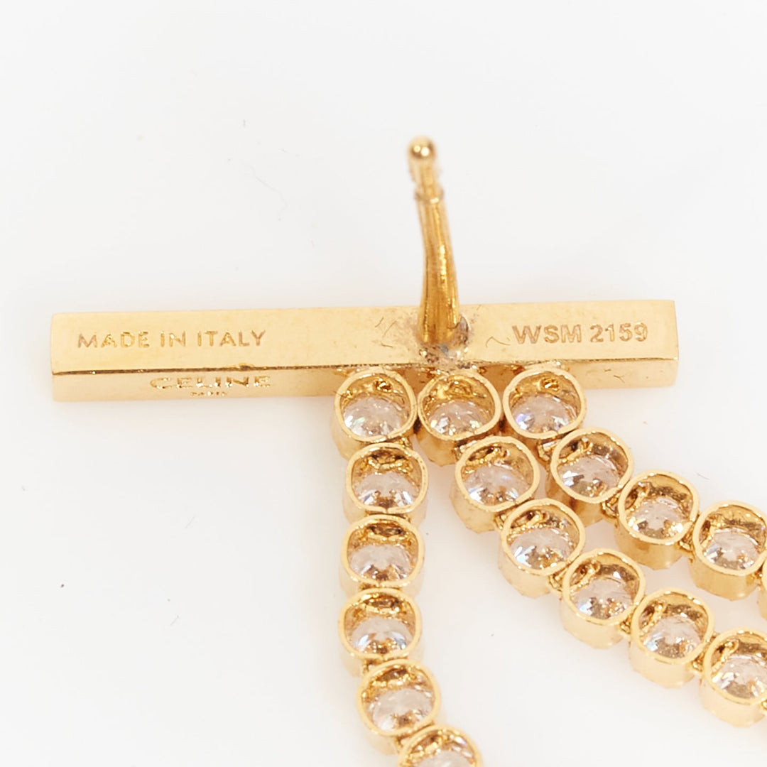 CELINE 2018 Phoebe Philo Edwige gold brass bar crystal pave fringe earrings Pair