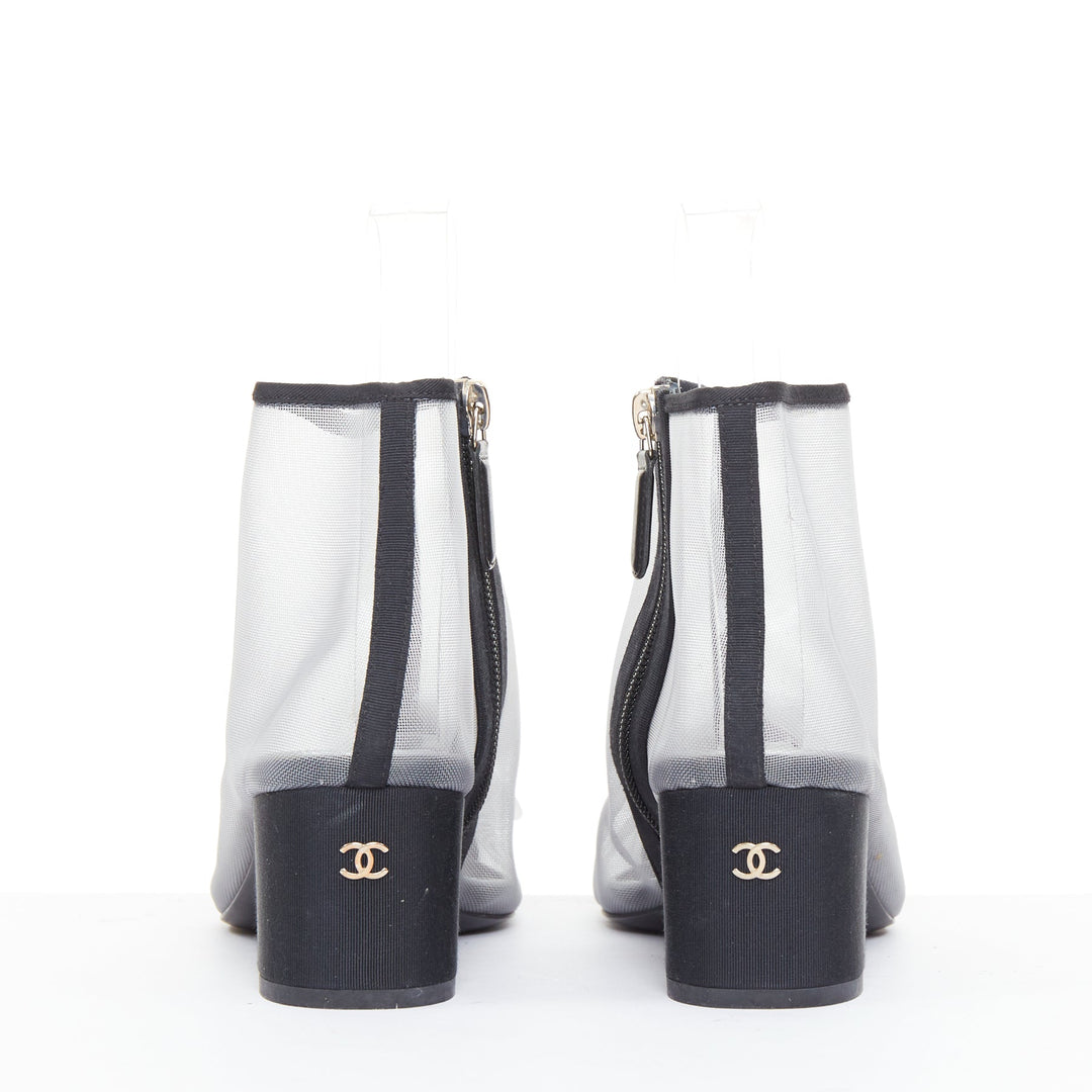 CHANEL 2019 sheer mesh black grosgrain Camelia embellished ankle boots EU38