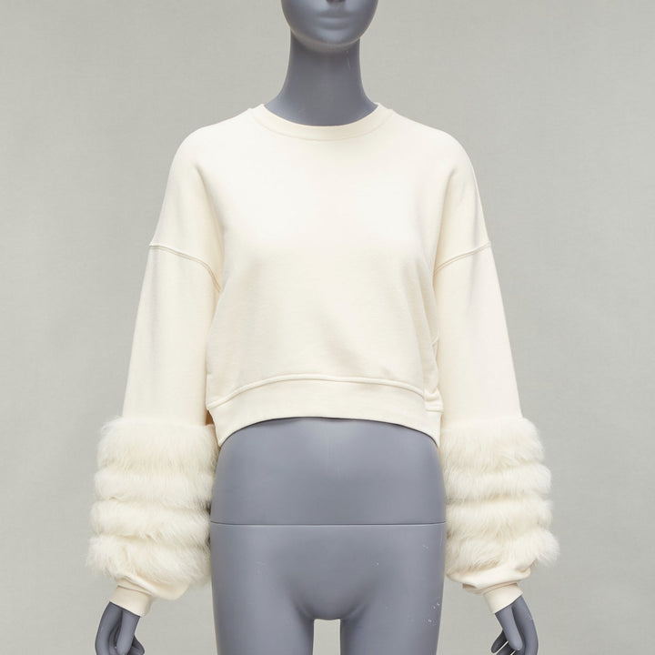 LAPOINT cream genuine lambskin fur cotton tiered sleeve crop sweater S