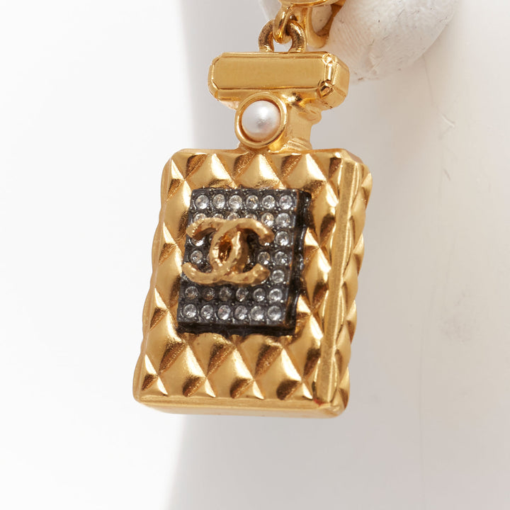 CHANEL A20A gold CC Perfume Bottlefaux pearl drop pendant earrings pair
