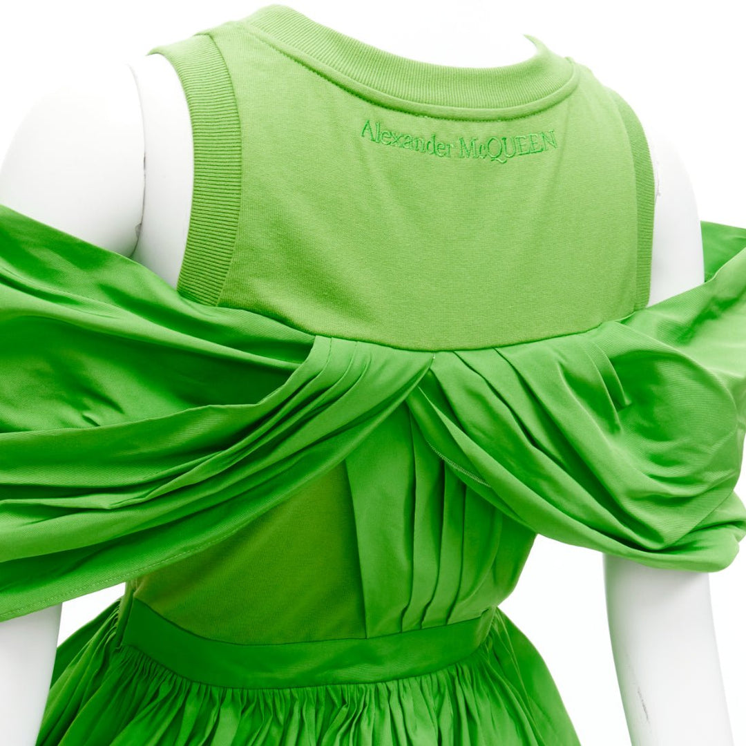 ALEXANDER MCQUEEN 2023 green cotton pleated peplum faille cold shoulder top IT38