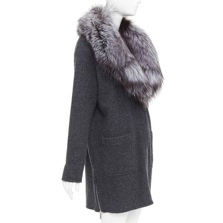 MICHAEL KORS COLLECTION grey fur collar dark grey wool side zip coat