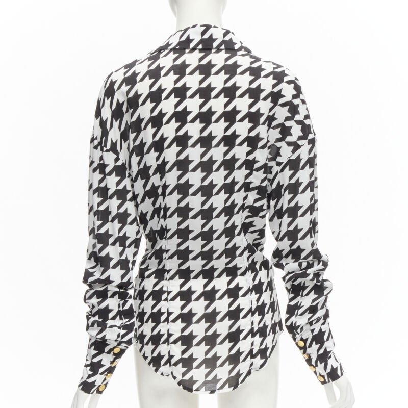 BALMAIN  black white houndstooth viscose gold B button long sleeve blouse FR38 S