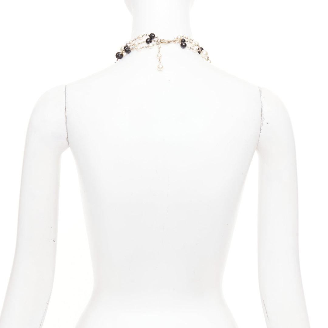 CHANEL B14C Coco Mademoiselle Figure black beige pearl triple sautoir necklace