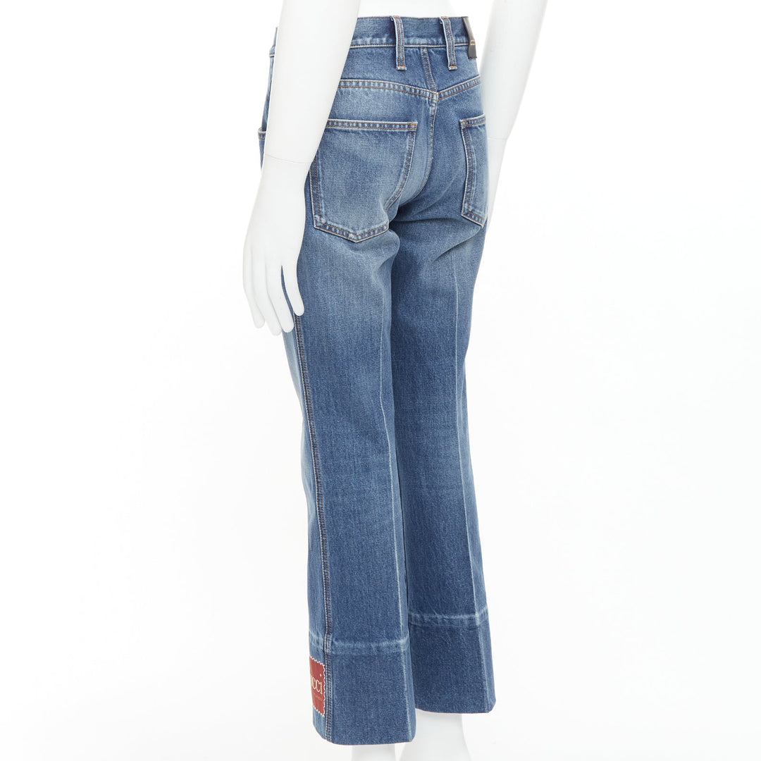 GUCCI Alessandro Michele blue washed cotton red logo patch flared jeans 28"