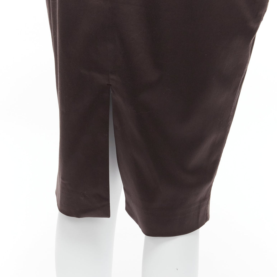 GUCCI brown silky texture zigzag topstitch flap waistband pencil knee skirt IT42