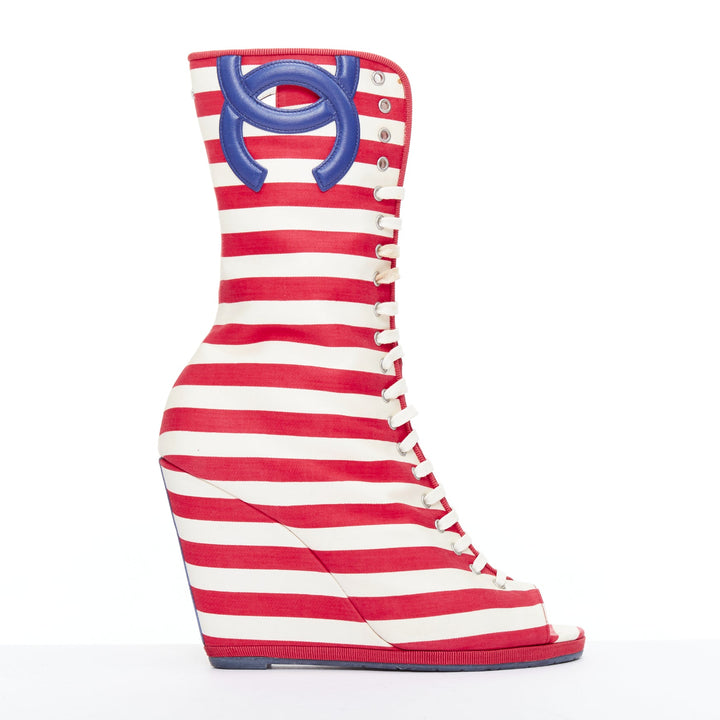 CHANEL 2010 Runway red cream stripe canvas blue leather CC boots EU38 Katy Perry
