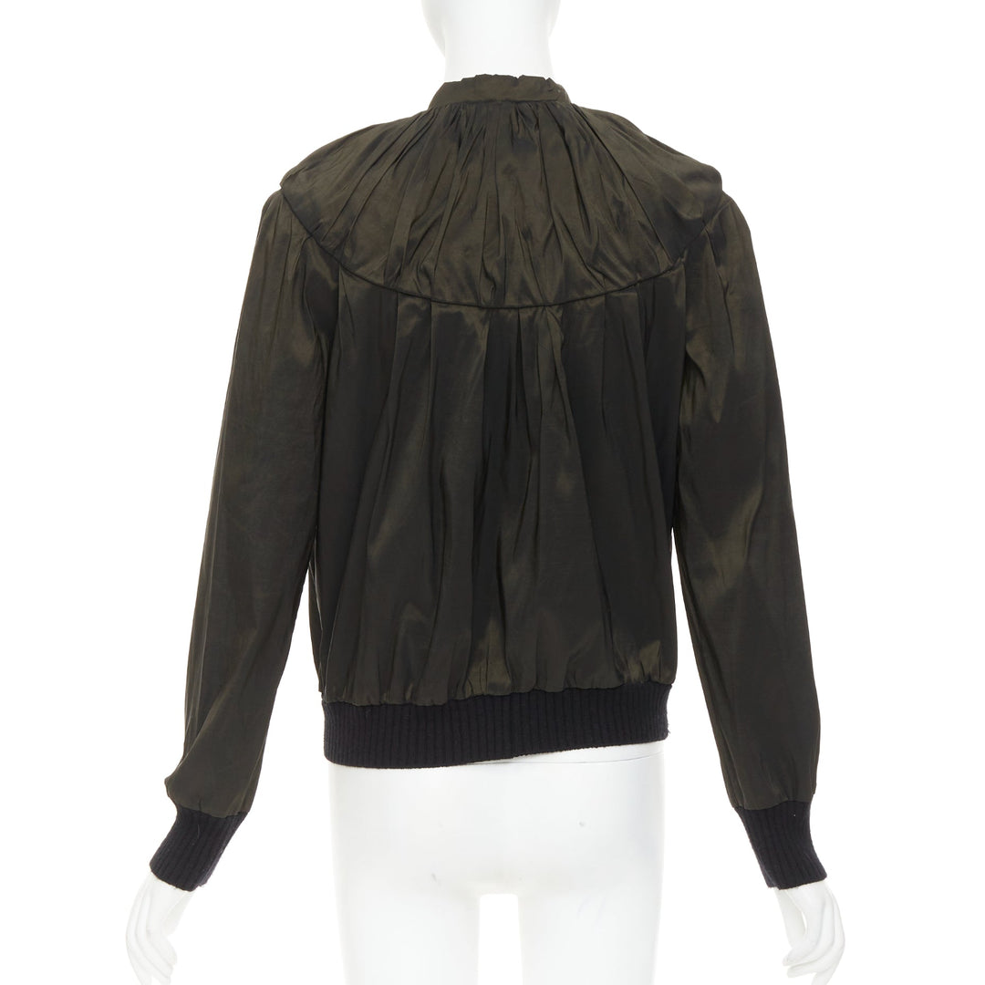 LANVIN 2006 olive green silk blend ruched rib contrast blouse overshirt FR36 S