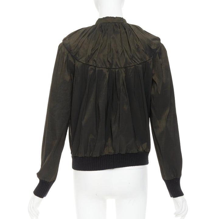 LANVIN 2006 olive green silk blend ruched rib contrast blouse overshirt FR36 S