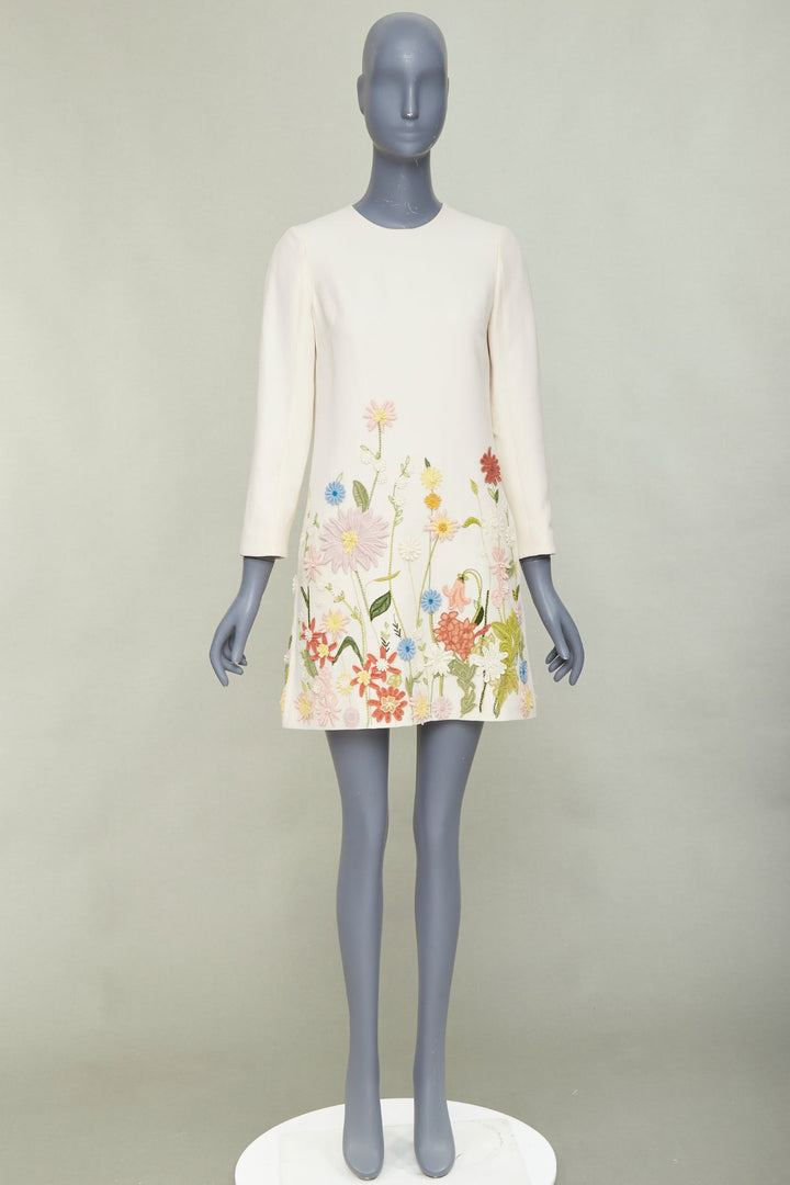 VALENTINO Crepe Couture ivory wool silk floral embroidered A-line dress IT38 XS