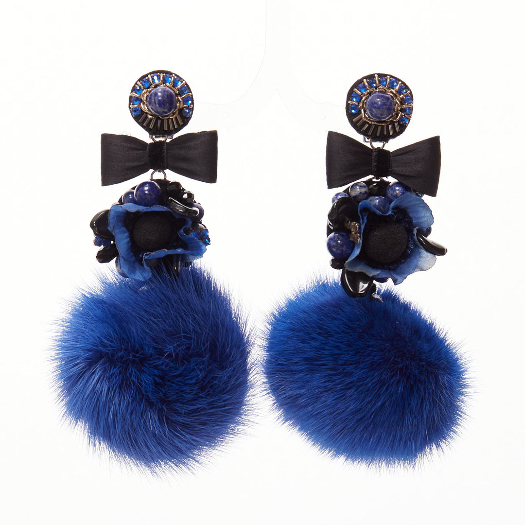 RANJANA KHAN blue black real fur crystal dangling clip on earrings