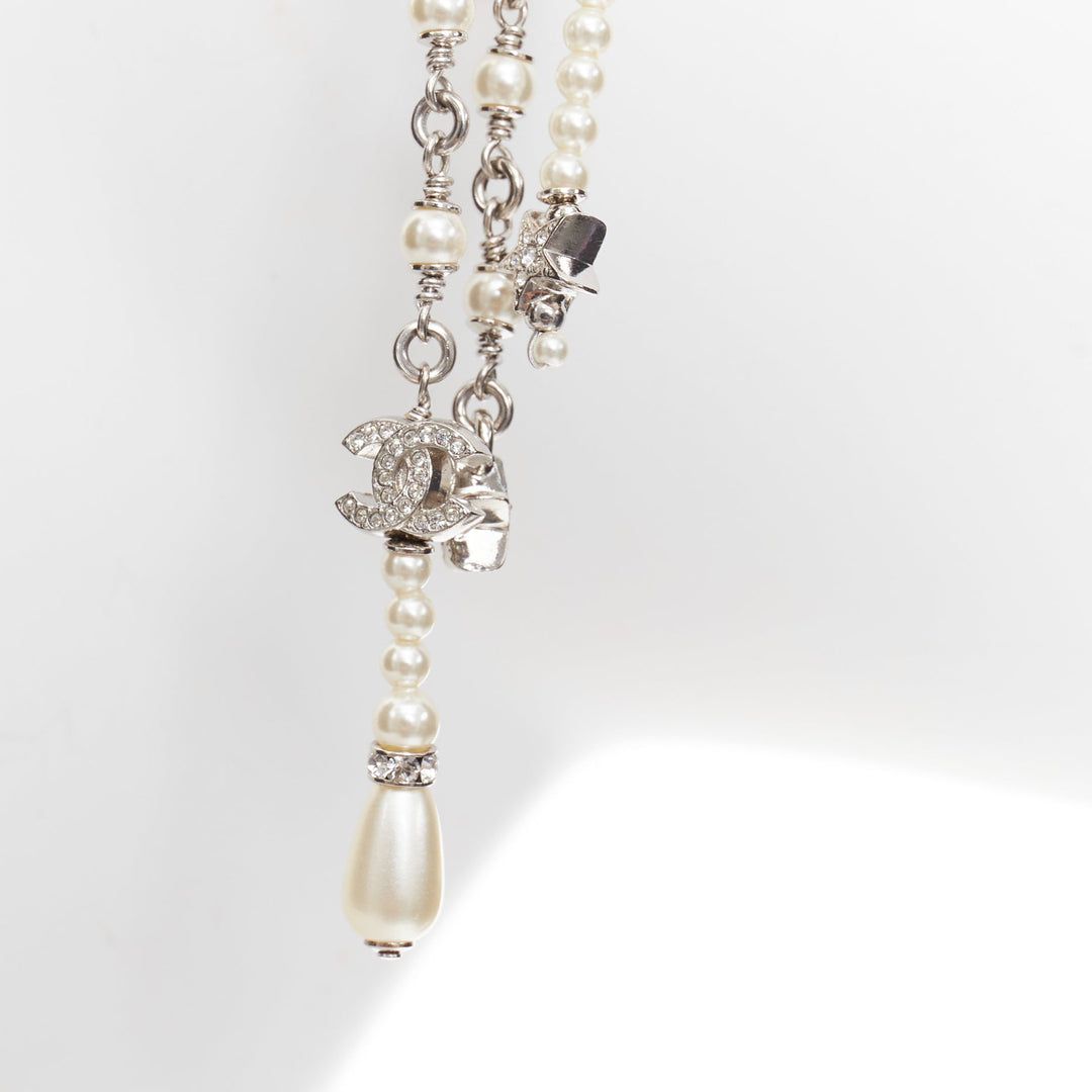 CHANEL C25S Swallow silver tone glass pearls rhinestones drop earrings Pair